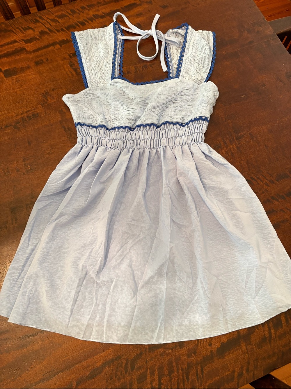 Light Blue Lace Yoke Smocked Sundress with Royal Blue Trim